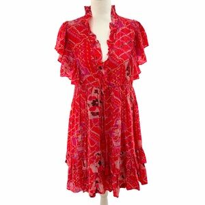 Figue Red Floral Ruffle Mini Dress Boho Silk Feel Size Small